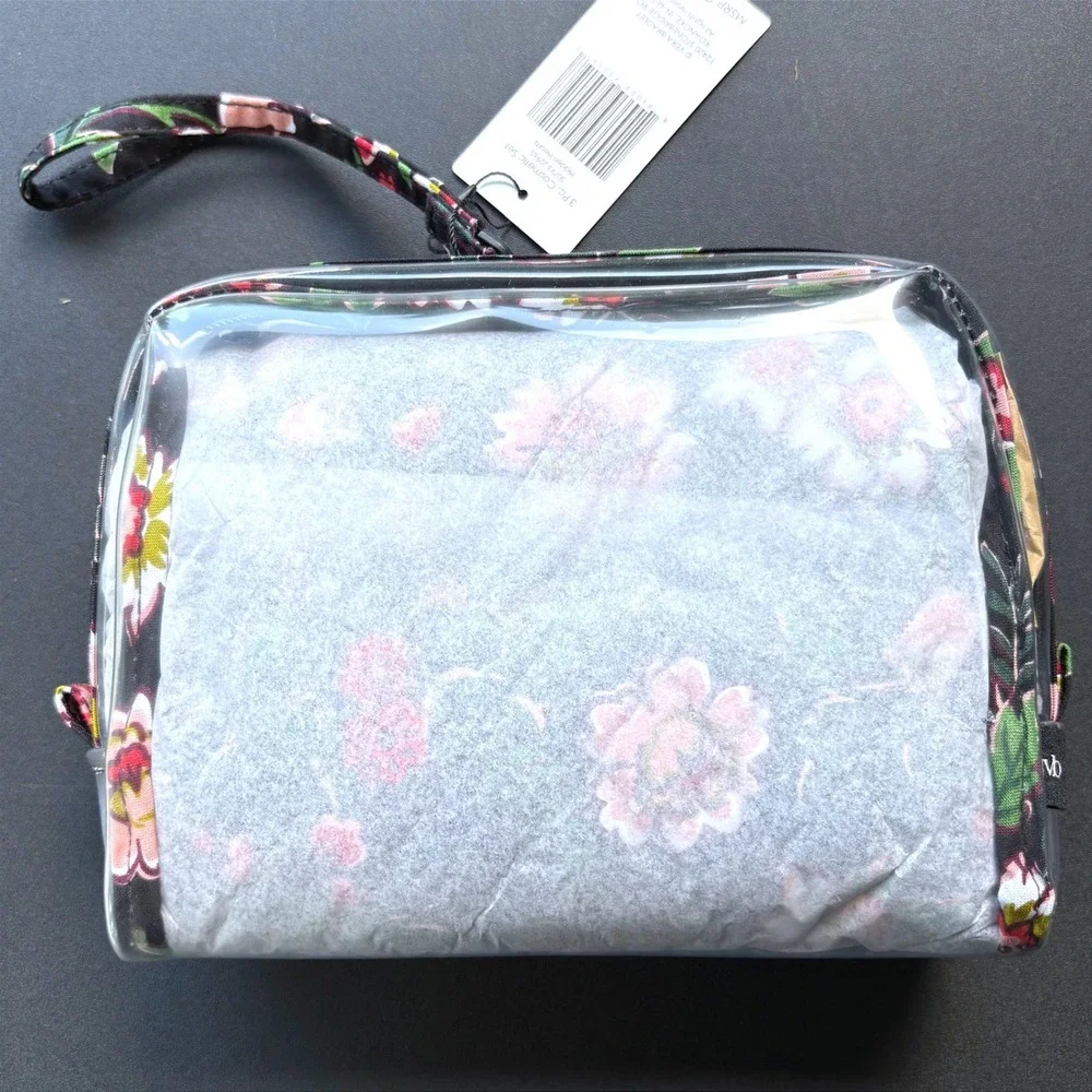 Vera Bradley Hidden Hearts 3 Pc Cosmetic Set Clear Floral Travel Bag NWT